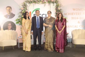 FICCI FLO Chennai leadership and guests: Niyati Mehta, Vijay Sankar, Smriti Irani, and Divya Abhishek at the Annual Change of Guard ceremony, celebrating women's achievements
