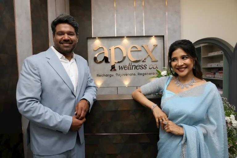 Dr. Thineshchandar Andiappan and actress Sakshi Agarwal at the launch of Apex Wellness Co. clinic in Neelankarai, Chennai.