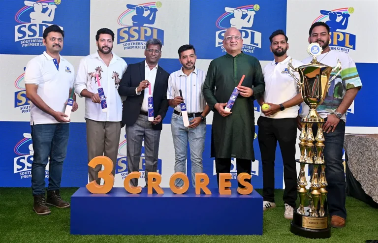 Southern Street Premier League (SSPL) launch event featuring organizers unveiling the ₹3 crore prize money and championship trophy for South India's biggest T10 tennis ball cricket tournament