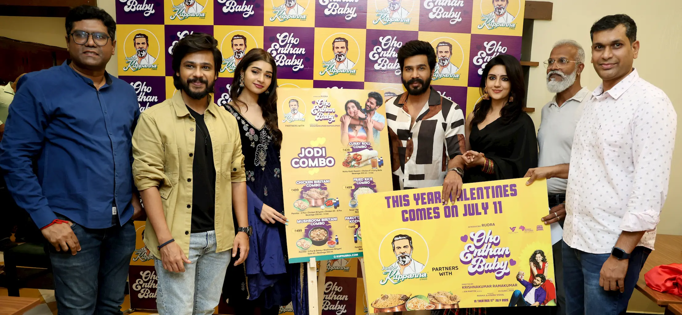 Cast of Oho Enthan Baby and Junior Kuppanna team pose during the launch of limited-edition Jodi Combos in Chennai, featuring event posters and combo details.