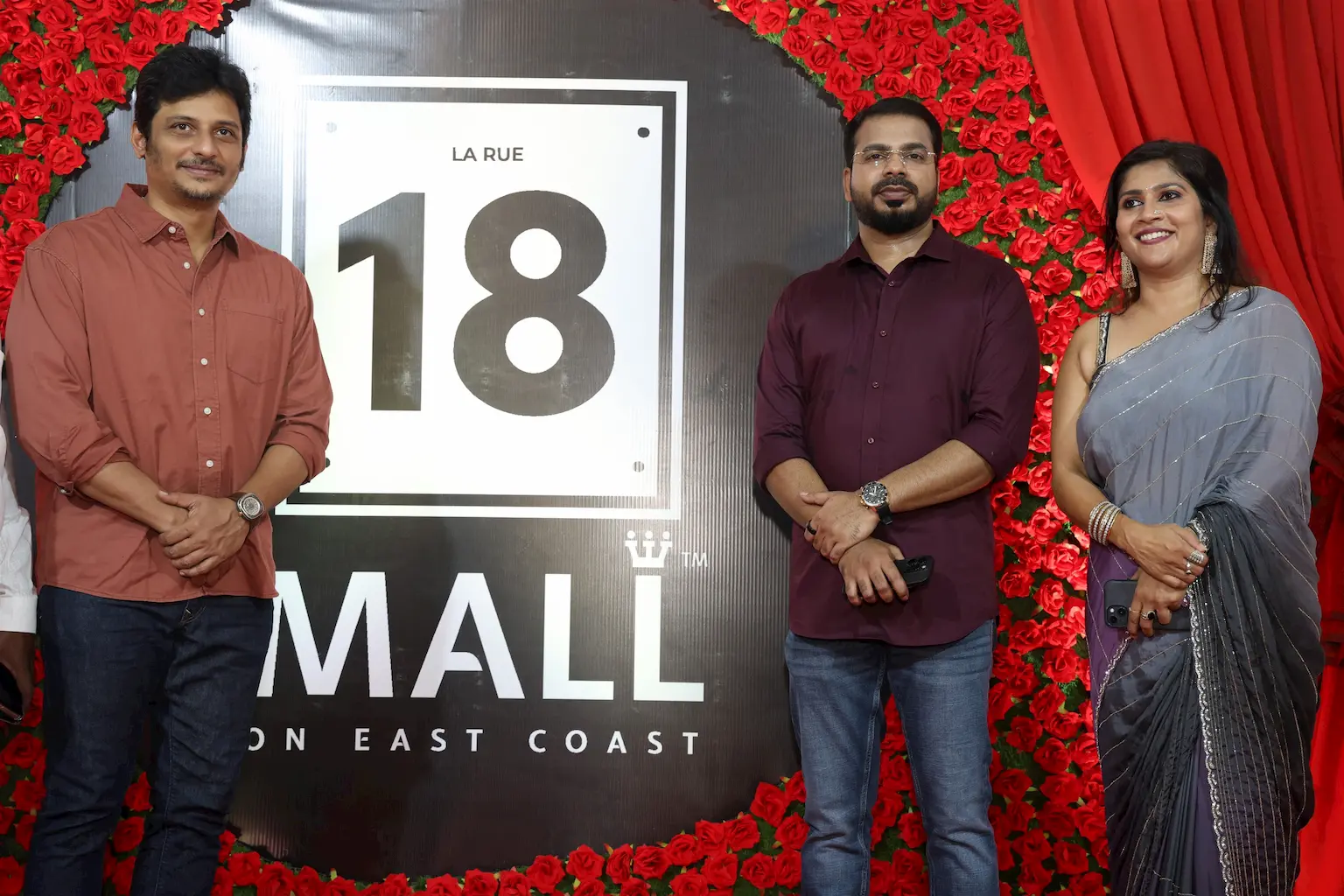 Actor Jeeva with Priyadarshini Kumar and John Cris Terrence at the pre-launch event of 18 Mall on the East Coast