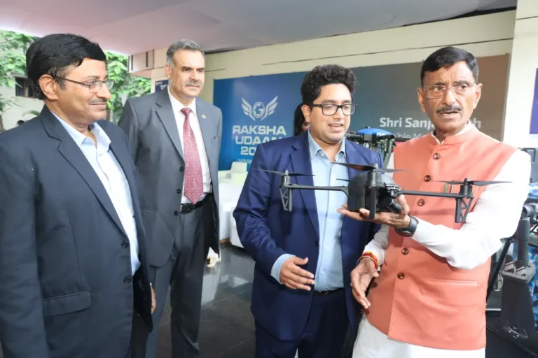 Hon’ble Union Minister of State for Defence Shri Sanjay Seth examining an advanced UAV drone at the Garuda Aerospace Defence Drone Facility inauguration.