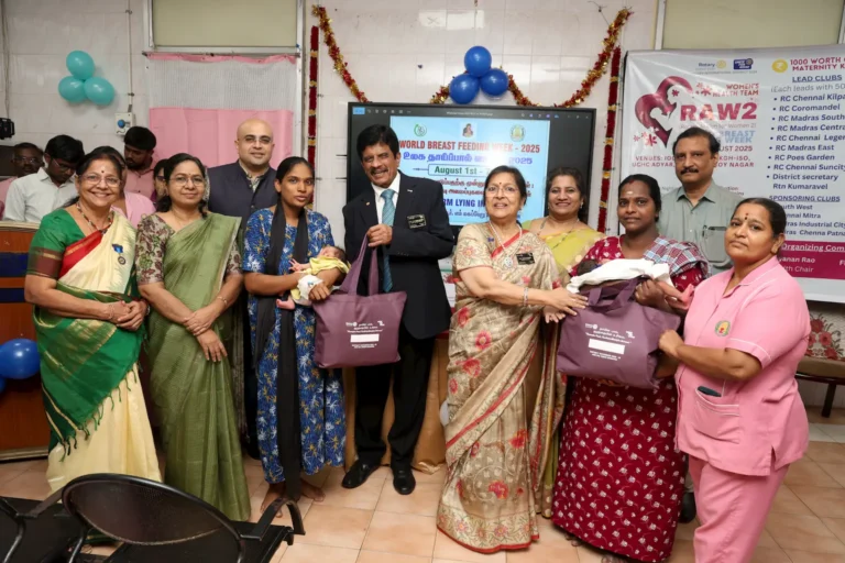 Rotary members and healthcare staff distribute maternity kits to new mothers during World Breastfeeding Week 2025 at a government hospital in Chennai.