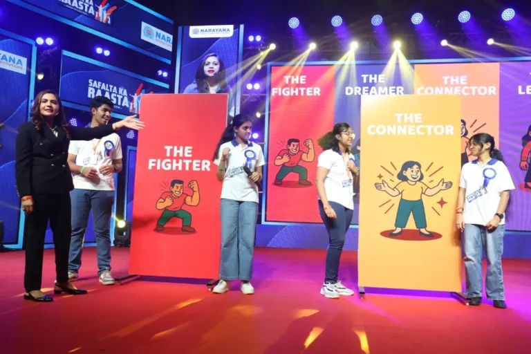 Sharani Ponguru interacting with students on stage during Safalta Ka Raasta Season 5 event in Chennai, with students representing archetypes like Fighter, Dreamer, and Connector.