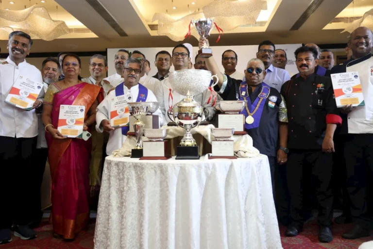 Chefs and dignitaries of South India Chef’s Association (SICA) pose with trophies and certificates at the press meet for the 7th Edition SICA Culinary Olympiad 2025 in Chennai.