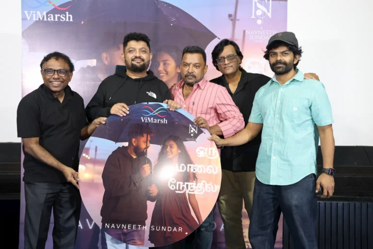 Composer Navneeth Sundar with team at the preview launch of Oru Maalai Nerathil, unveiling the AI-powered multilingual music video poster.