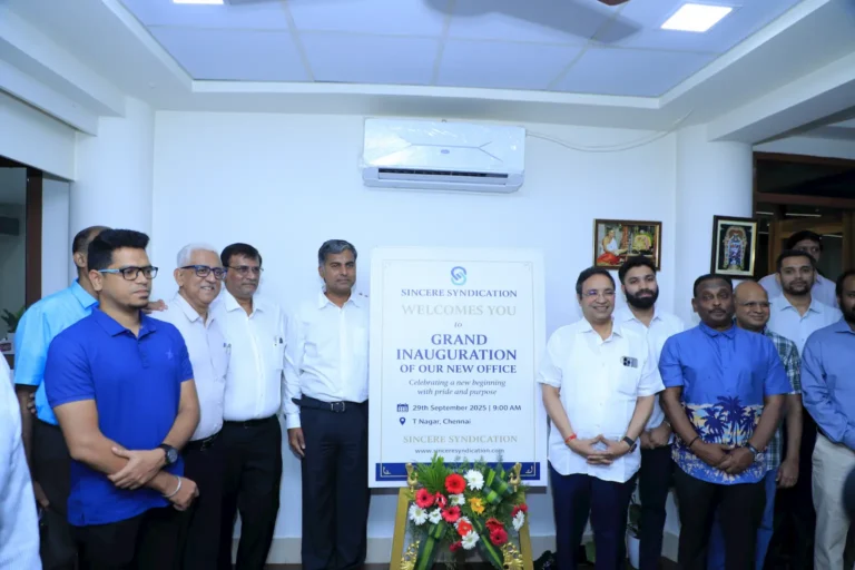Group photo of Sincere Syndication team and guests at the grand inauguration of the new Chennai office on September 29, 2025.