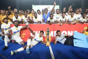 Indian Bank players celebrating victory after winning the Tiruvallur Premier League (TPL) 3.0 final against Indian Overseas Bank at SDAT Mayor Radhakrishnan Hockey Stadium, Egmore, August 2025.