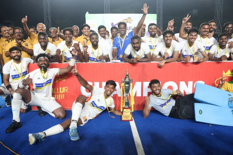 Indian Bank players celebrating victory after winning the Tiruvallur Premier League (TPL) 3.0 final against Indian Overseas Bank at SDAT Mayor Radhakrishnan Hockey Stadium, Egmore, August 2025.
