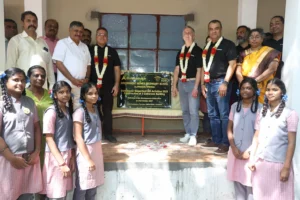 Guidehouse leaders, school staff, and students at the inauguration of three newly built classrooms at Government Higher Secondary School, Alapakkam, Chennai.