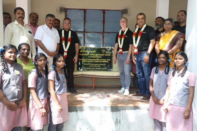 Guidehouse leaders, school staff, and students at the inauguration of three newly built classrooms at Government Higher Secondary School, Alapakkam, Chennai.