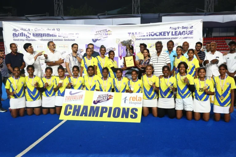 SRM Institute of Science and Technology women's team receiving Champions Trophy at THL 2026 women's final